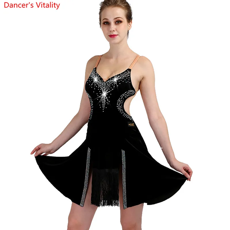 Мода Латинской платье для танцев пикантные спинки алмаз кисточкой конкуренция одежда Для женщин девочек латинских танцев танцевальное