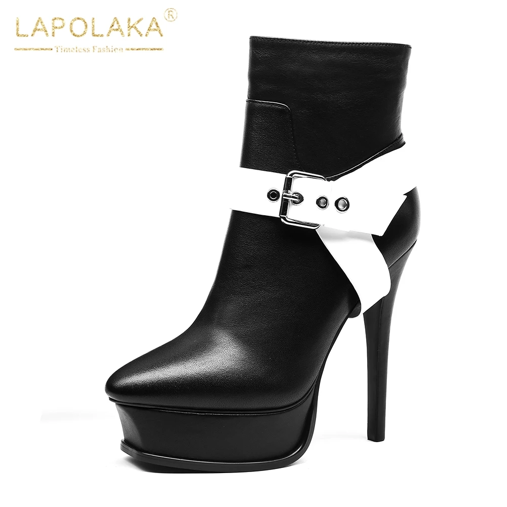 

LAPOLAKA Brand new Cow Leather Zip Up Platform Boots Woman Shoes Sexy Thin High Heels Ankle Boots Female Shoes Women