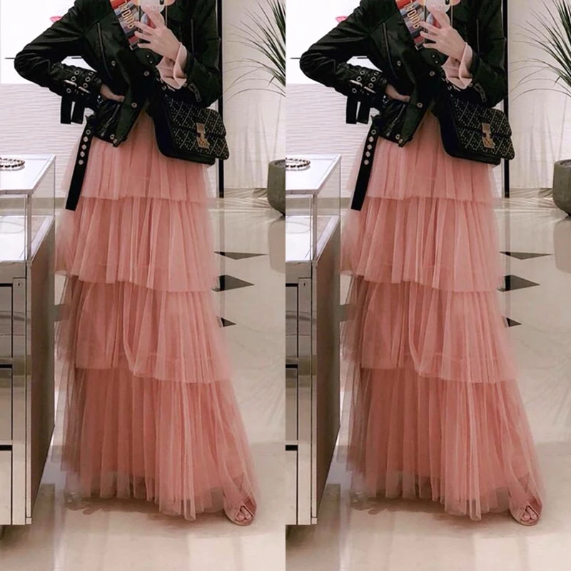 Largas De Maxi Jupe Tulle Faldas Falda Rosado Custom Saia Gradas Ruffles Mujer Mujeres Hecho Con 2018 Adulto Malla Femme Moda tgqRIww