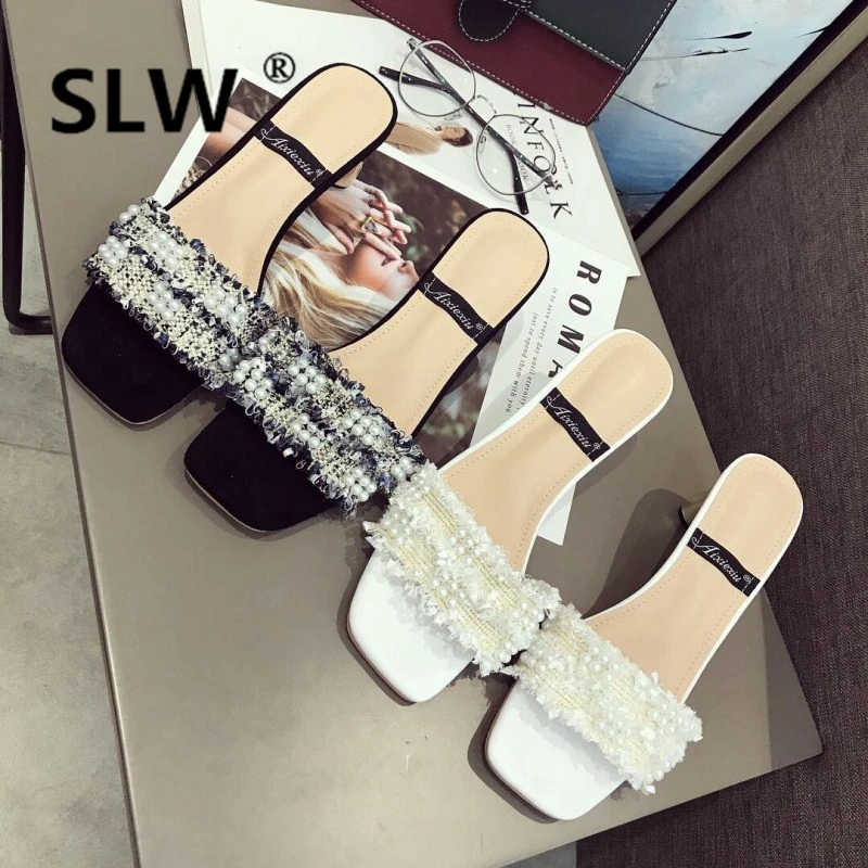 

Women's Slippers 2019 Med Peep Toe Square heel String Bead Mixed Colors Heeled Mules Slides New Heels Sliders Basic Rubber PU