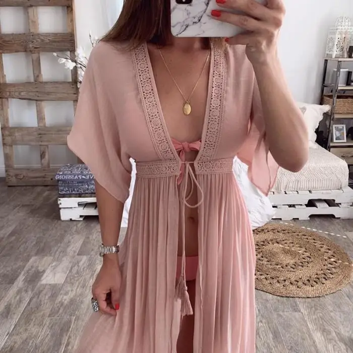 Горячая Boho женский кружевной кардиган-кимоно с длинным рукавом праздник пляж шифон платье крышка платье-разлетайка DO2