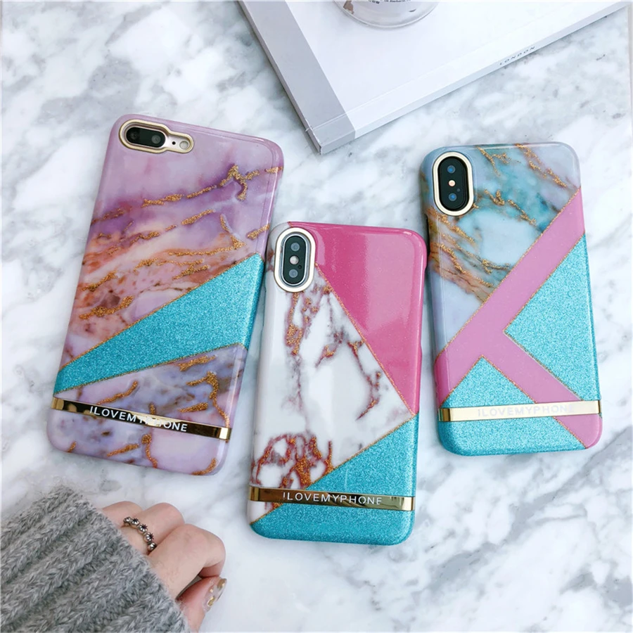 

Vintage Geometric Marble Phone Cases For iPhone 6 6S Plus Bring Glitter Hard PC Back Cover For iPhone 7 8 Plus X Coque Funda