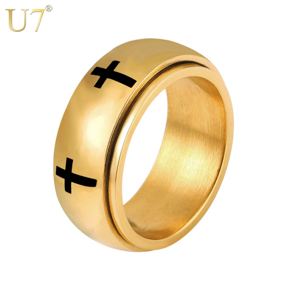 

U7 Rotatable Cross Band Ring Men Jewelry Gift Hip Hop Gold Color Stainless Steel Spinner Rings For Men R1013