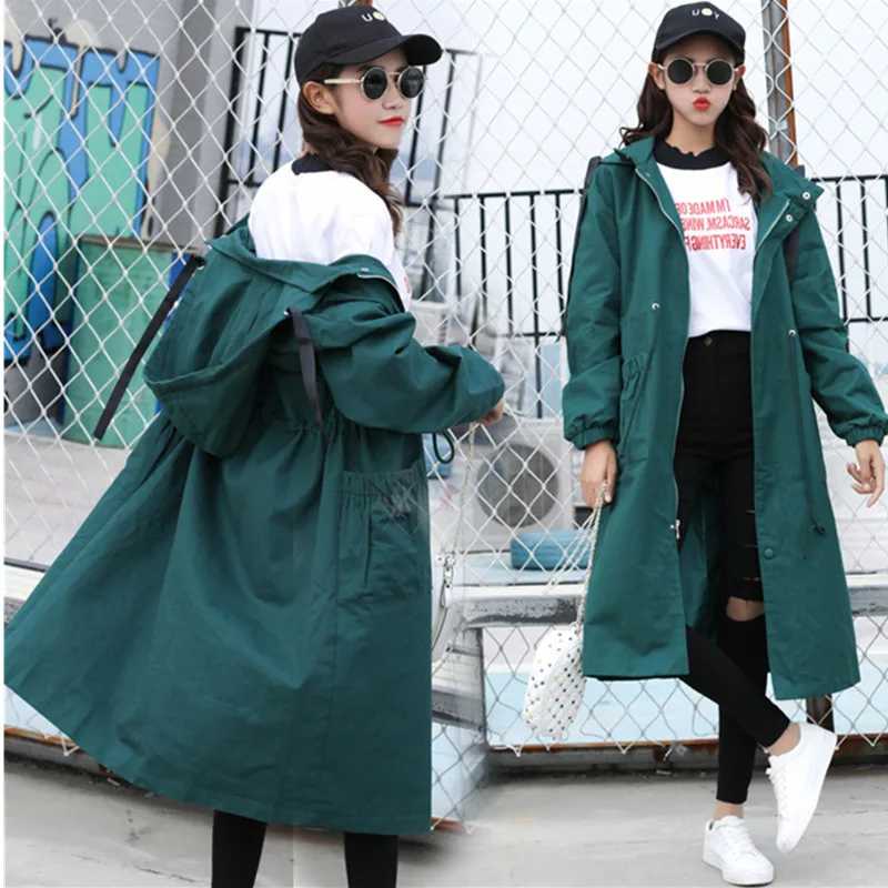 

Spring Autumn Long Coat 2018 Korean Fashion Black Hooded Trench Coat Loose Solid Pockets large size Windbreaker Outwear Feminino