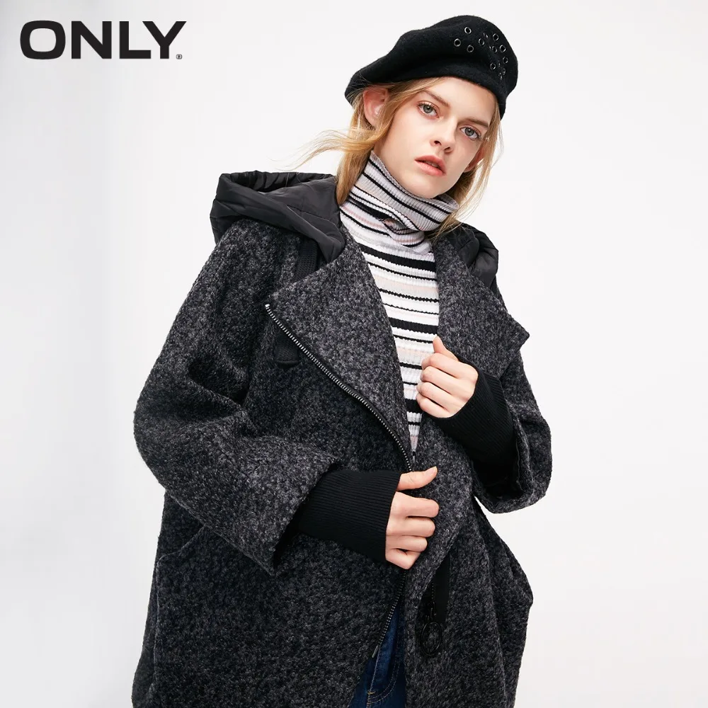 

ONLY Women's Hooded Wool CoatQuilted drawstring hood Diagonal zip front |11836T501