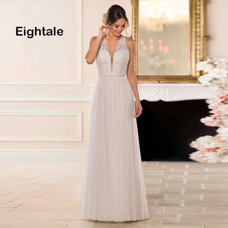 

Eightale Boho Wedding Dresses Plus Size Appliques Lace V Neck Backless Long Simple Beach Bride Dress Wedding Gowns vestido novia