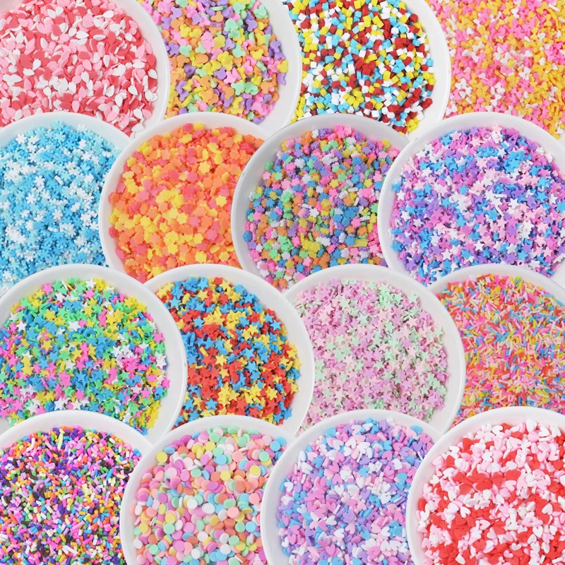 50g/lot Cute Hot Selling Clay Sprinkles, Colorful Heart Five Star Bow Candy Sprinkles for Crafts Making Slimediy