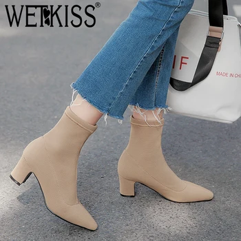 

WETKISS Stretch High Heels Women Ankle Boots Pointed Toe Zip Footwear Thick Plush Female Boot Sock Shoes Woman Winter 2018 New