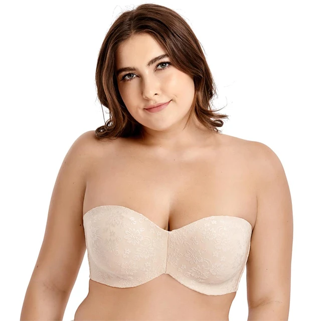 Womens Strapless Bra For Large Bust Unlined Underwire Jacquard Minimizer  Mini-Jacquard White 38G