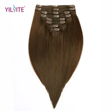YILITE Clip In Human Hair Extensions 8 Pieces/Set 18inch 4# Russian Remy Clips in Brown Hair Silky Straight 130g Free shipping