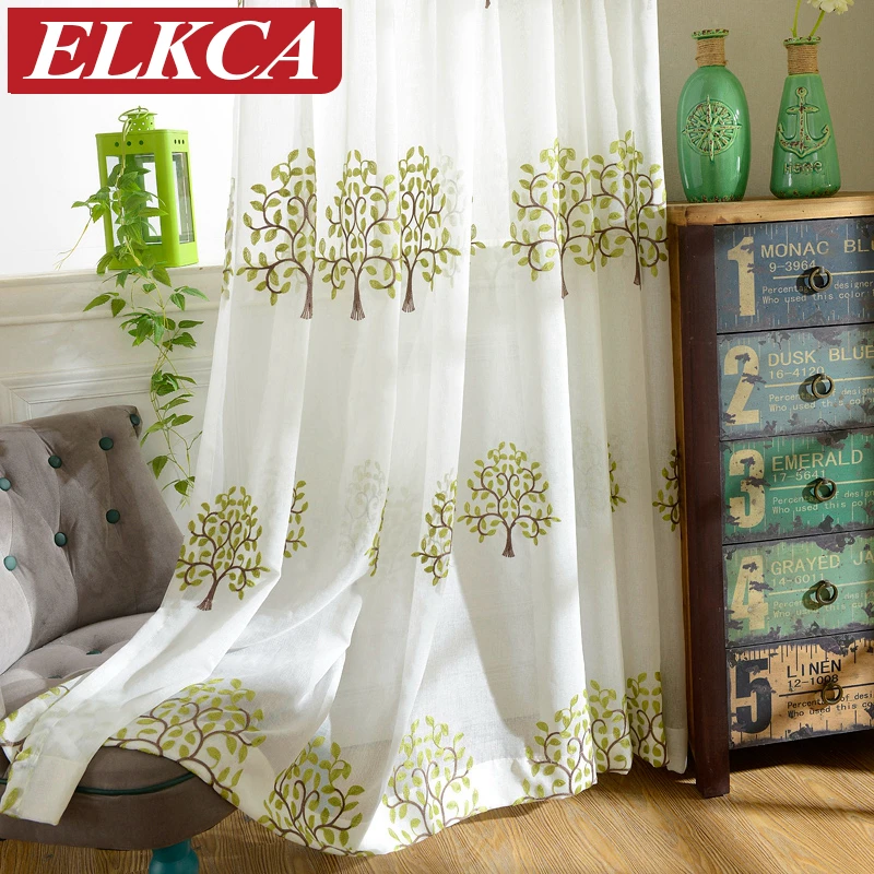 Korean Faux Linen Green Tree Embroidered Voile Curtains for Living Room Tulle Window Sheer Bedroom Kids | Дом и сад