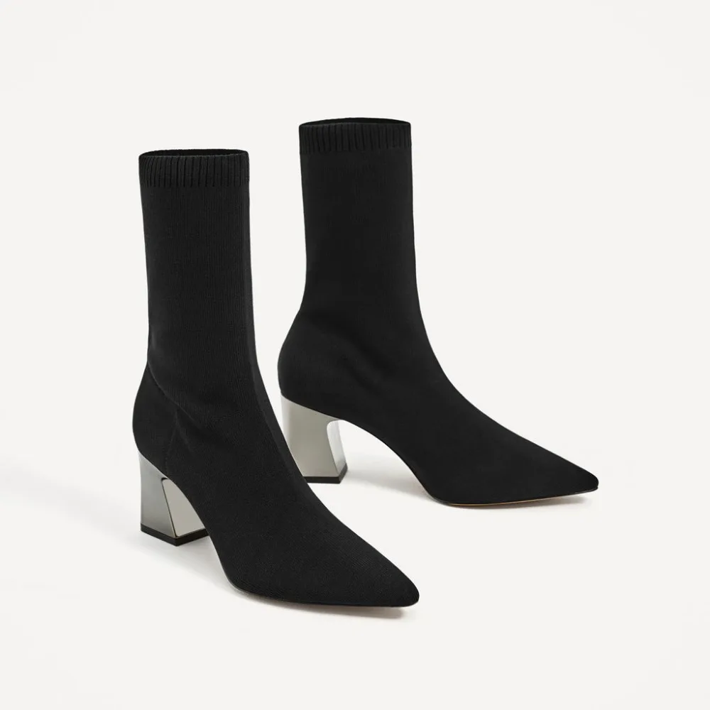 

Sneaker New Elastic Rough Heels Tip Ankle Boots Wool Boots Shoes Woman Sports Combat Boots With Metal Pumps Banquet Danc