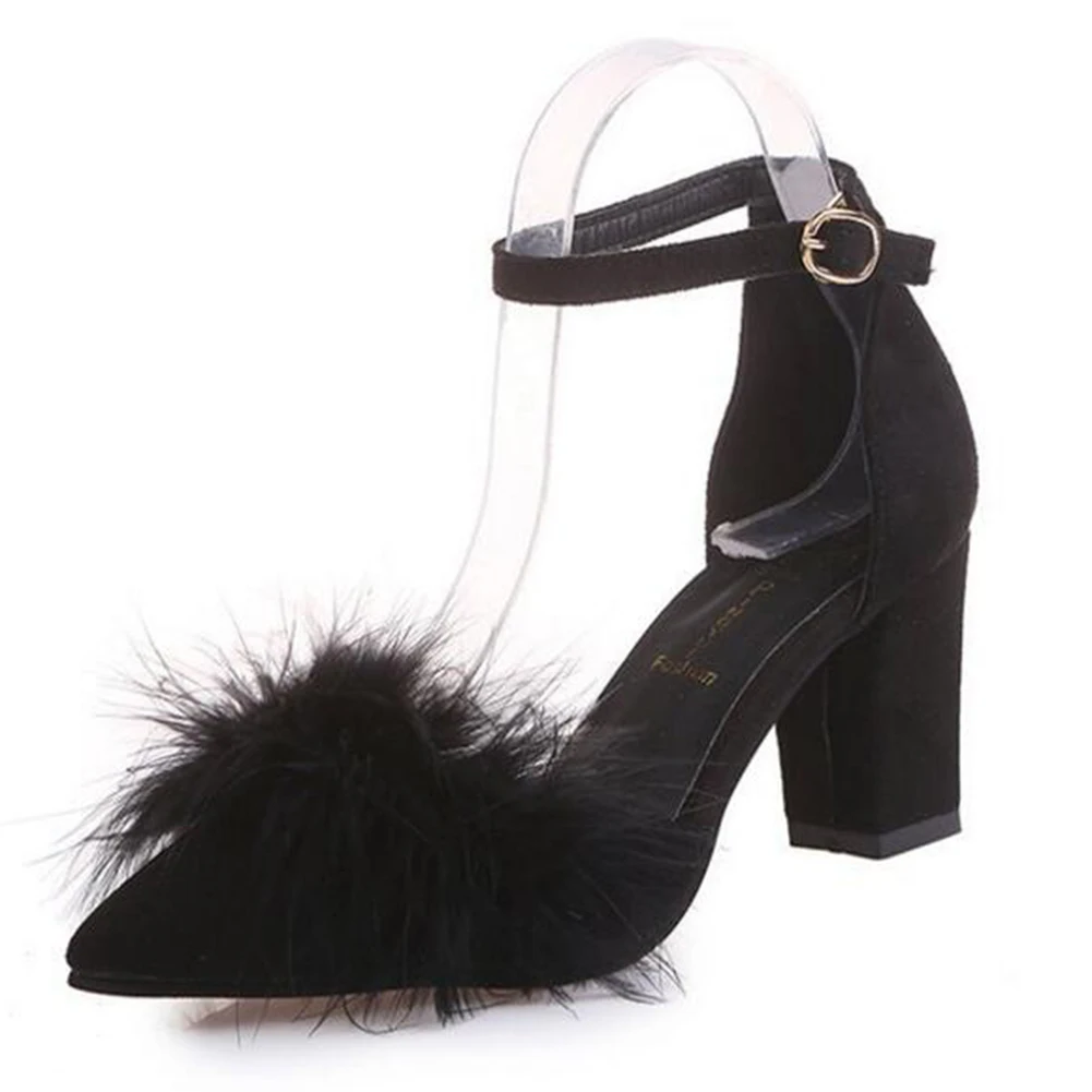 

summer Shoes Women High Heels Ankle Strap Pumps Autumn Thick Heels Feather Sexy Party Shoes Two Piece Lady sandals pink black