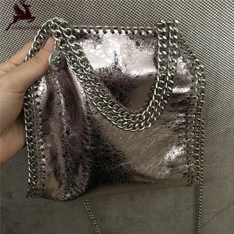 

Exclusive Crack Champagne Gold Shaggy Deer Brand PVC Faux Leather Mini 18cm Crossbody falabella Chain Bag