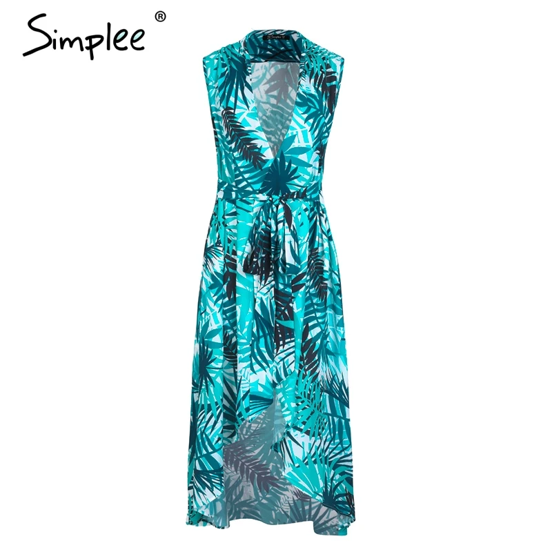 Женское летнее длинное платье с запахом Simplee, с V-образным вырезом, пикантное платье-майка макси с высокой талией, разрезом и принтом листьев красного, синего и зеленого цвета - Цвет: Print2
