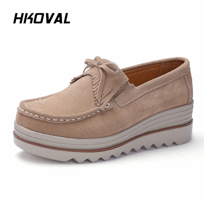 

HKOVAL Women Shoes Sneakers Loafers Moccasins Flat Platform Genuine Leather Spring Autumn Ladies Female Swing Shoe