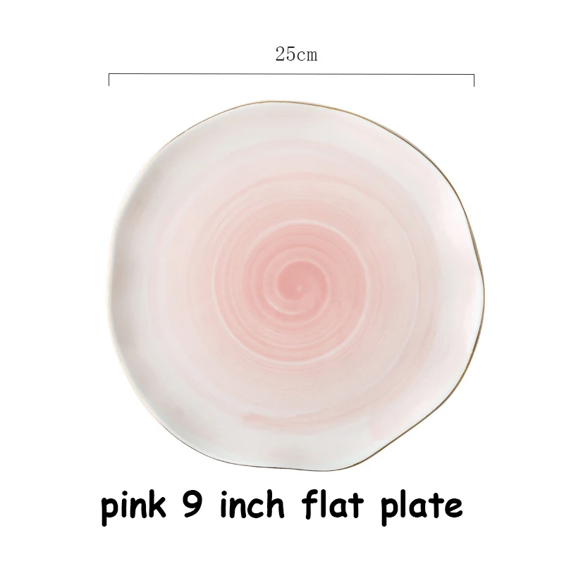 Bandhnu Flat Plate Soup Rice Bowl Dinner Dishes Bone China Breakfast Plate Food Tray Fruit Round Plate Coffee Teapot Cups 1pcs - Цвет: pink 9 inch flat