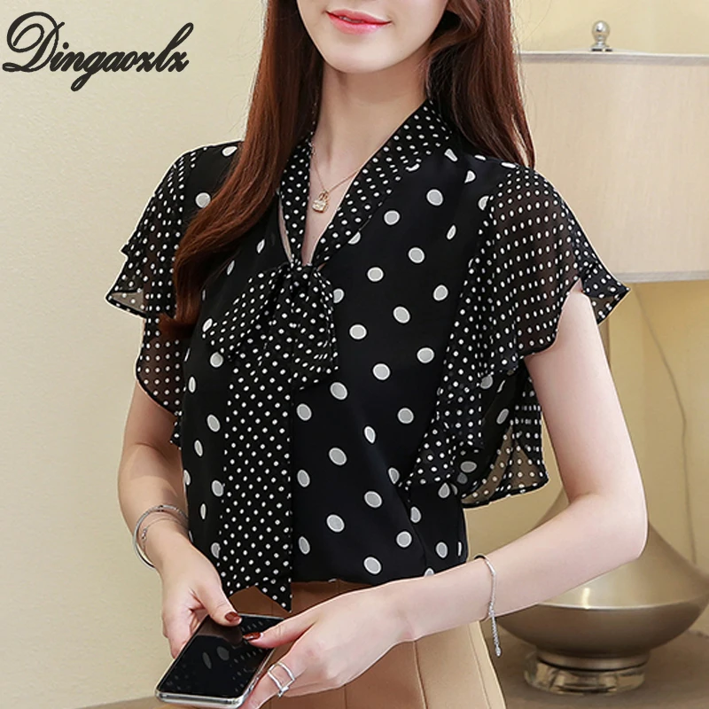  Dingaozlz Elegant Polka dot Women Blouse Female Korean fashion Chiffon Tops 2019 Summer New V-neck 