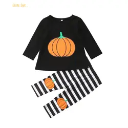 Модная детская одежда для маленьких девочек топы с тыквой на Хэллоуин + штаны в полоску комплекты одежды из 2 предметов