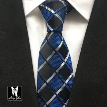 

New Designer 8cm Formal Necktie Wedding Party Jacquard Woven Ties Blue with Black Plaids