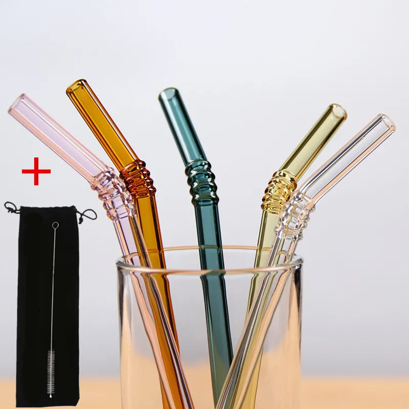 5Pcs/set Colorled Glass Straw Reusable Drinking Straws Glass set with Brush bag Bent Curved Glass Straws For Smoothies Juice Tea