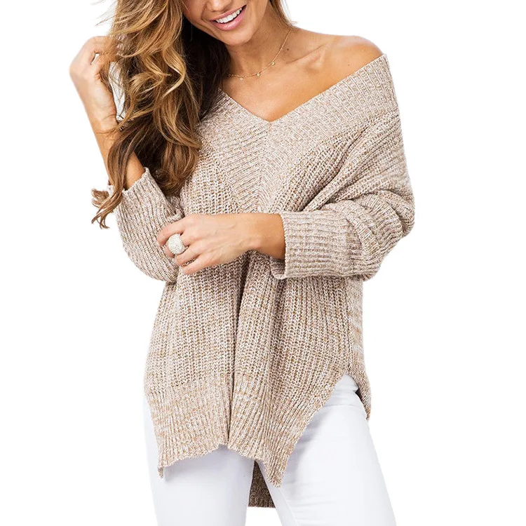 LOGAMI V Neck Irregular Long Sweaters Women Loose Casual Pullover Woman Sweater New Fashion Sweaters