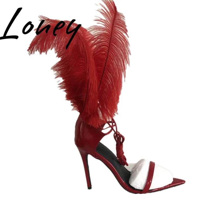 

Loney New Black Burgundy Feather Summer Sandals Open Toe Gladiator Lace Up HIgh Heel Sandals Shoes Women