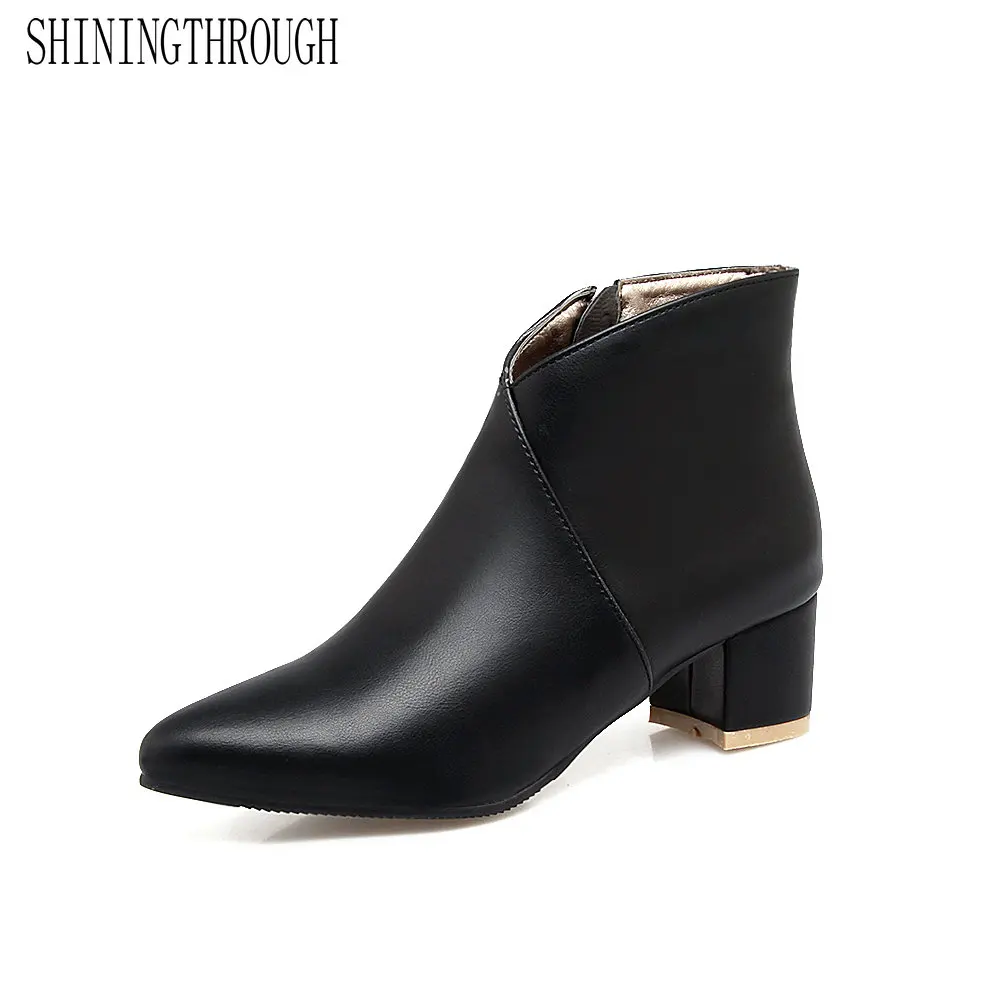 

SHININGTHROUGH Women Ankle Boots pointed toe zipper square Heel Supper Quality Woman New Fashion Shoes