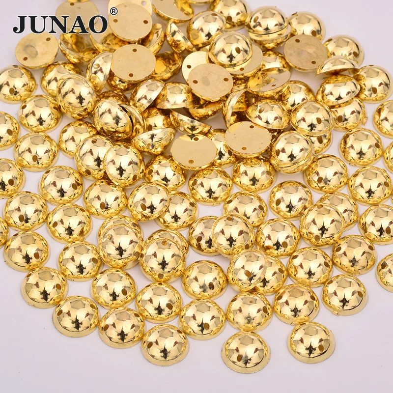 

JUNAO 10mm Sewing Gold Round Rhinestones Strass Applique Flatback Acrylic Gems Sew On Golden Crystal Stones for Dress DIY Crafts
