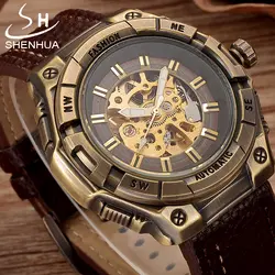 SHENHUA стимпанк Механический часы прозрачные Для мужчин Винтаж Бронзовый Скелет Автоматические наручные часы из искусственной кожи