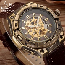 SHENHUA Steampunk Mechanical Transparent Watch Men Vintage Bronze Skeleton Automatic Wrist Watches Pu Leather Wristwatch Clock shenhua mens steampunk skeleton watch men gold automatic mechanical watches self winding wristwatch relogio automatico masculino