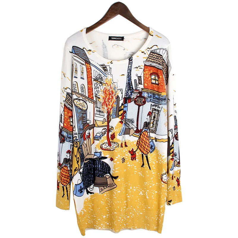 

Paris City Pattern Printing Knitted Long Sweater Women Pullovers Knitwear Autumn Fashion Jumper Casual Pull Femme Womens Tops