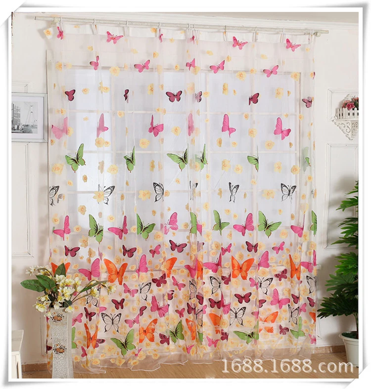 

The butterfly pattern curtain sunflower glass gauze curtain embroider transparent rural style window Drop shipping