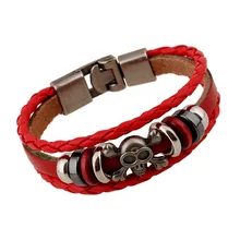 Fashion Leather Alloy Buckles Bracelets Handmade Leather Red Beaded Skull Punk Braided Wooden Beads Bracelet Unisex Jewelry