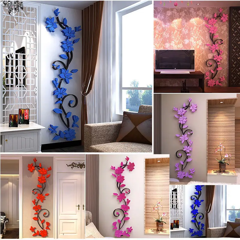 

New Arrival Wall Sticker Acrylic flower 3D Romantic Rose Flower Wall Sticker 2017 Hot Removable Home decor Decal Room Vinyl