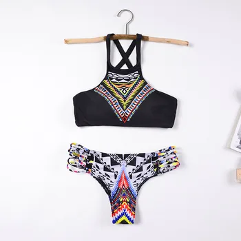 

Women Two Pieces Swimsuit Vintage Double-side reversible-bottom Padded Bikini Swimwear Beachwear