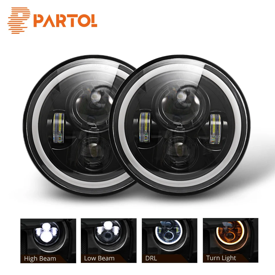 

Partol DRL 7inch Round Led Headlight High Low Beam Light Halo Angle Eyes Headlamp 30W For Jeep Wrangler Off Road 4x4 Motorcycle