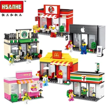 

HSANHE blocks Architecture Building Model Mini Street coffee Shop Small Store super market Educational Toys for Children Gifts