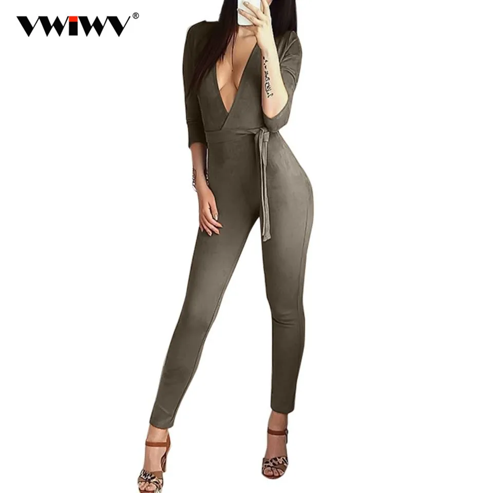 

VWIWV 2018 casual fashion overalls deep v neck suede belt bodycon jumpsuit romper Bodie Autumn fitness women party jumpsuits