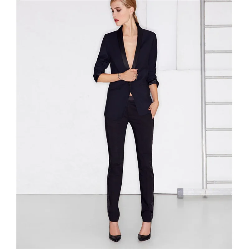 Navy Jacket Black Lapel Pants 2 Pieces Sets Womens