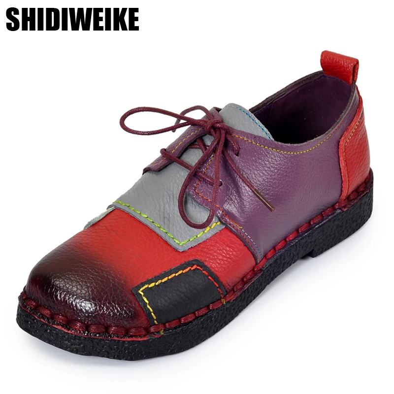 

Fashion shoes Women Handmade Genuine Leather Flat Mother Shoes Woman Loafers Soft Mixed Colors Casual Lace-Up Shoes Women Flats