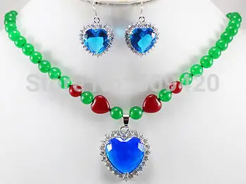 

SD Wholesale>>>JJ6543 charm 8mm green red jade necklace & heart blue zircon 18KGP pendant earrings set