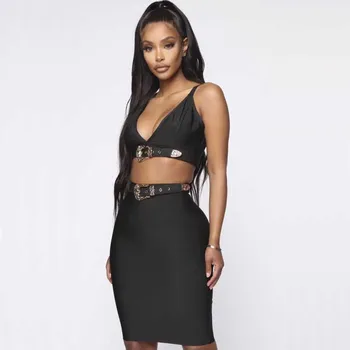 

wholesale 2020 New bandage Set black grey Deep V-neck top&Short skirt Sexy Two-piece suit celebrity Cocktail party dress