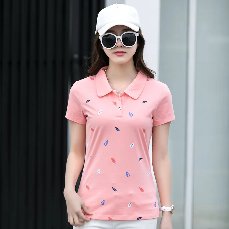 

Summer Women Polo Shirts Print Short Sleeve Slim Camisa Polo Feminina Female Casual Sport Office Cotton Spandex Tops Tees White