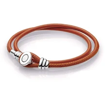QANDOCCI стерлингового серебра 925 пряный оранжевый двойной кожаный браслет, прозрачный CZ ручная работа талисманы ювелирные изделия женские подарки