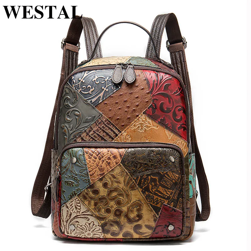 Cheap  WESTAL Embossing Women's Backpacks Genuine leather Floral School Bag for Girls Female Laptop Backpa