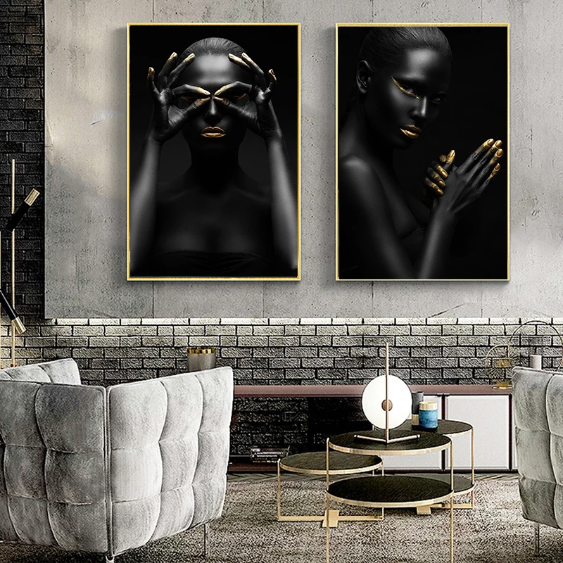 

Nordic Style Gold and Black Fashion African Nude Woman Canvas Posters and Prints Scandinavian Wall Art Picture for Living Room