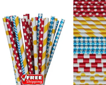 

250pcs Mixed 5 Designs Red,Blue and Yellow Themed Paper Straws-Striped,Polka Dot,Diamond Circus Party Carnival 1st Birthday