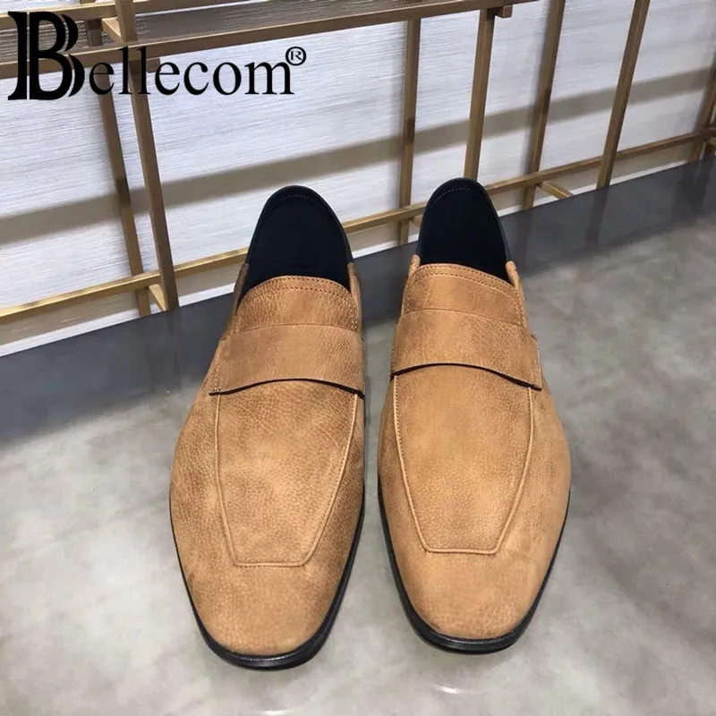 

BELLECOM2019 Men's leather shoes handicraft collage color casual shoes new deerskin leather square head meeting gentleman shoes