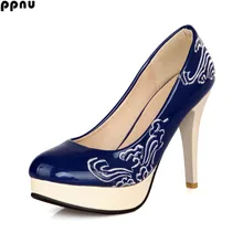 ppnu woman sexy thin high heels pumps womens fashion round toe patent platform shoes women women’s flower work female pumps